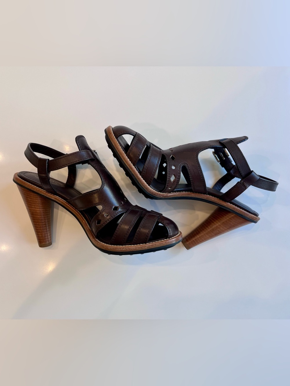 TOD’S Dark Chocolate Brown Leather Cone-Heel Sandals